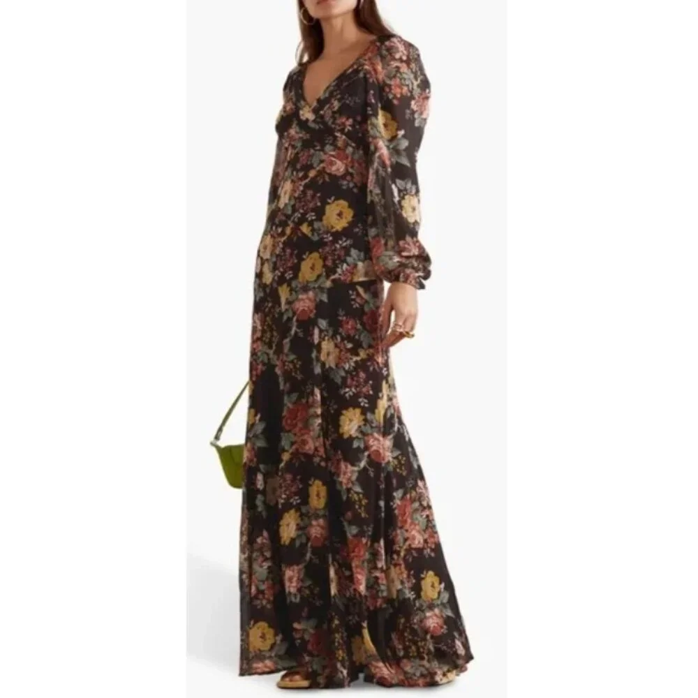 NWT $898 VERONICA BEARD RUNWAY AVANI BROWN FLORAL PRINT SILK MAXI DRESS SZ US 2 - Picture 3 of 10